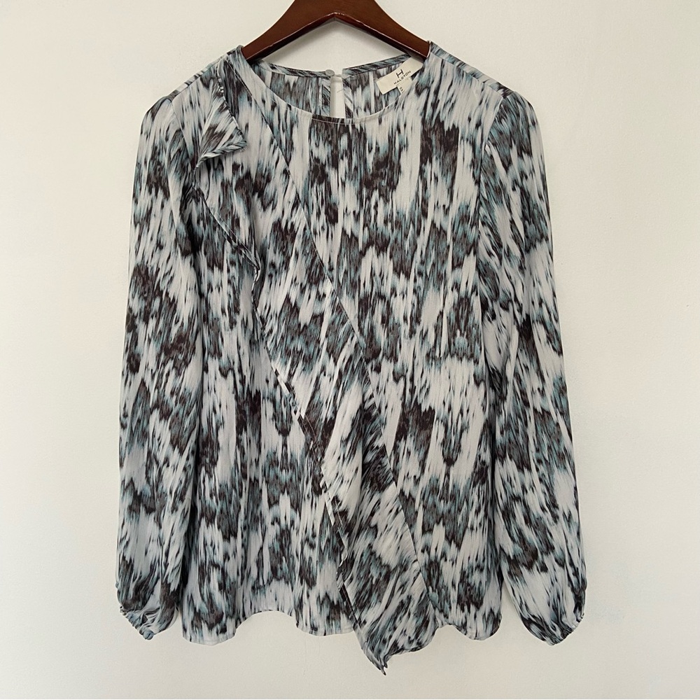 Halston Heritage Blouse Long Sleeved Asymmetrical Ruffle Cinched Wrist Crew Neck